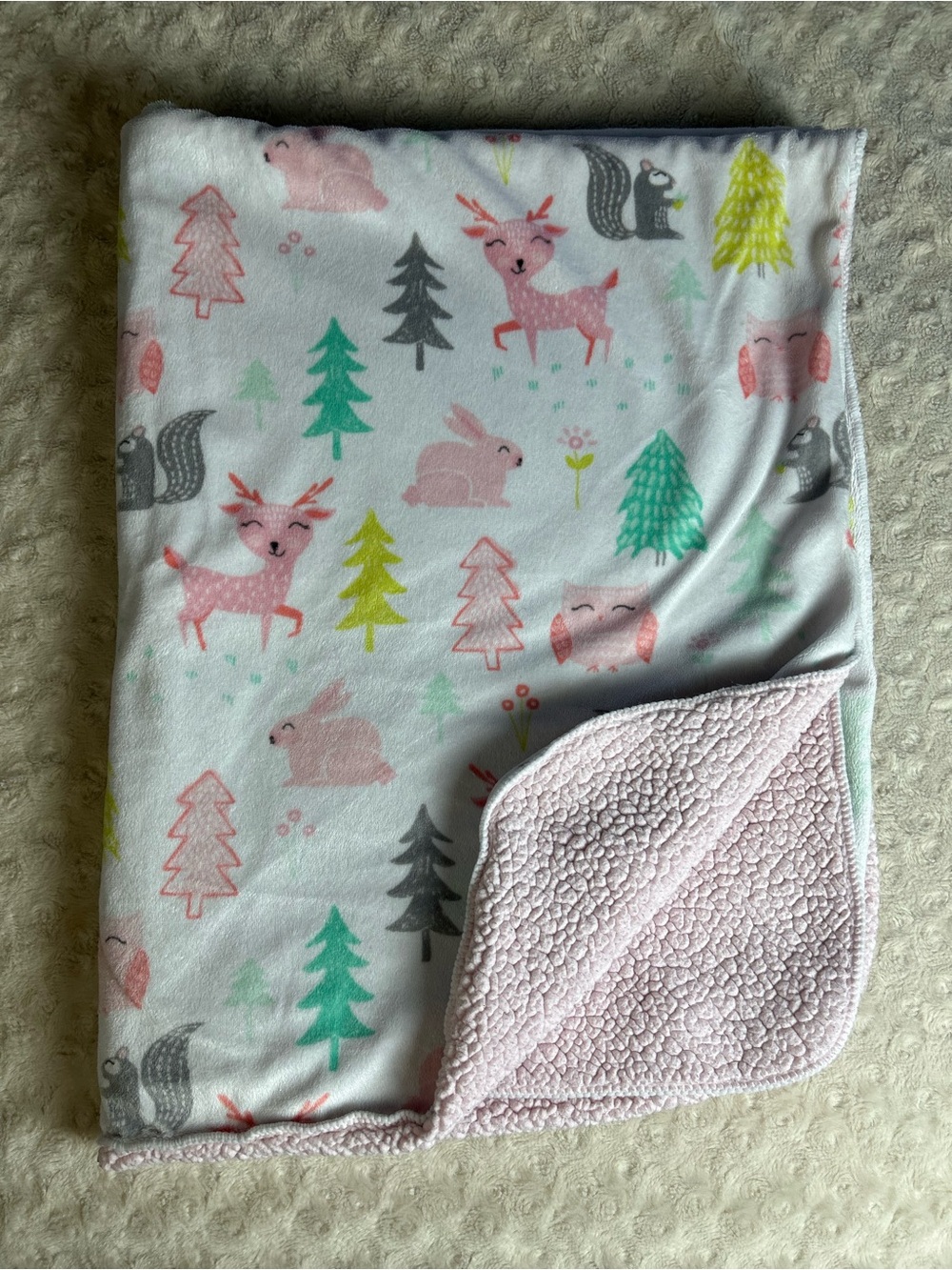 Cloud Island Pink Deer Owl Baby Blanket Woodland Animals Squirrel Rabbit Trees